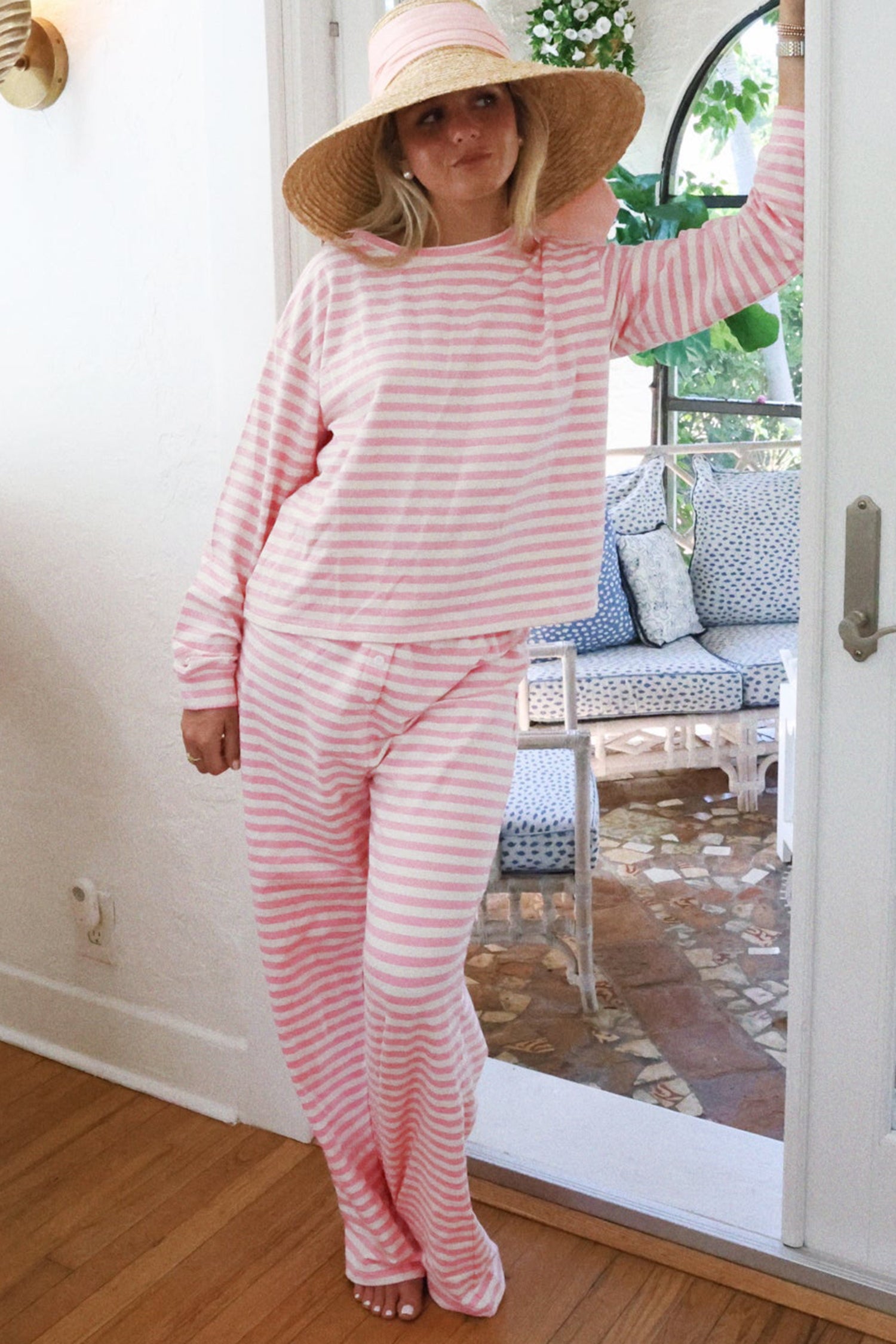 Rose Stripe Drop Shoulder Round Neck Top and Buttoned Straight Pants Two Piece Set