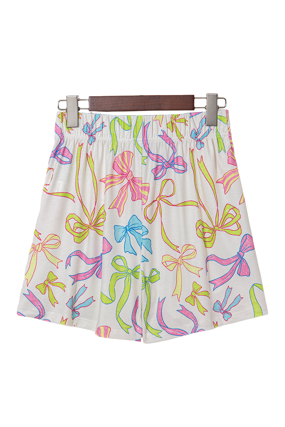 White Cheerful Bow Print Elastic Pull On Casual Shorts