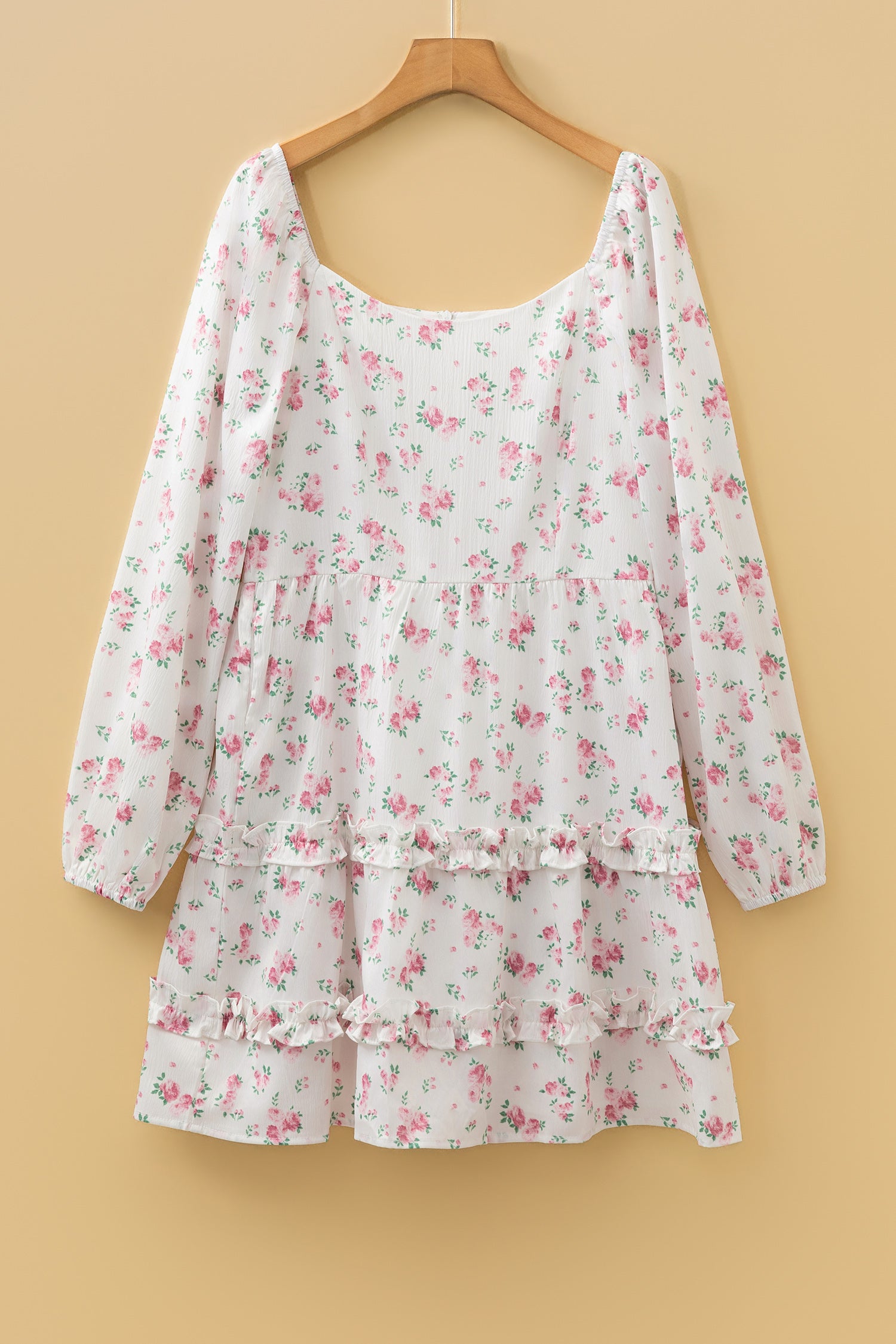 Pink Floral Print Long Sleeve Ruffle Detail Flared Mini Dress