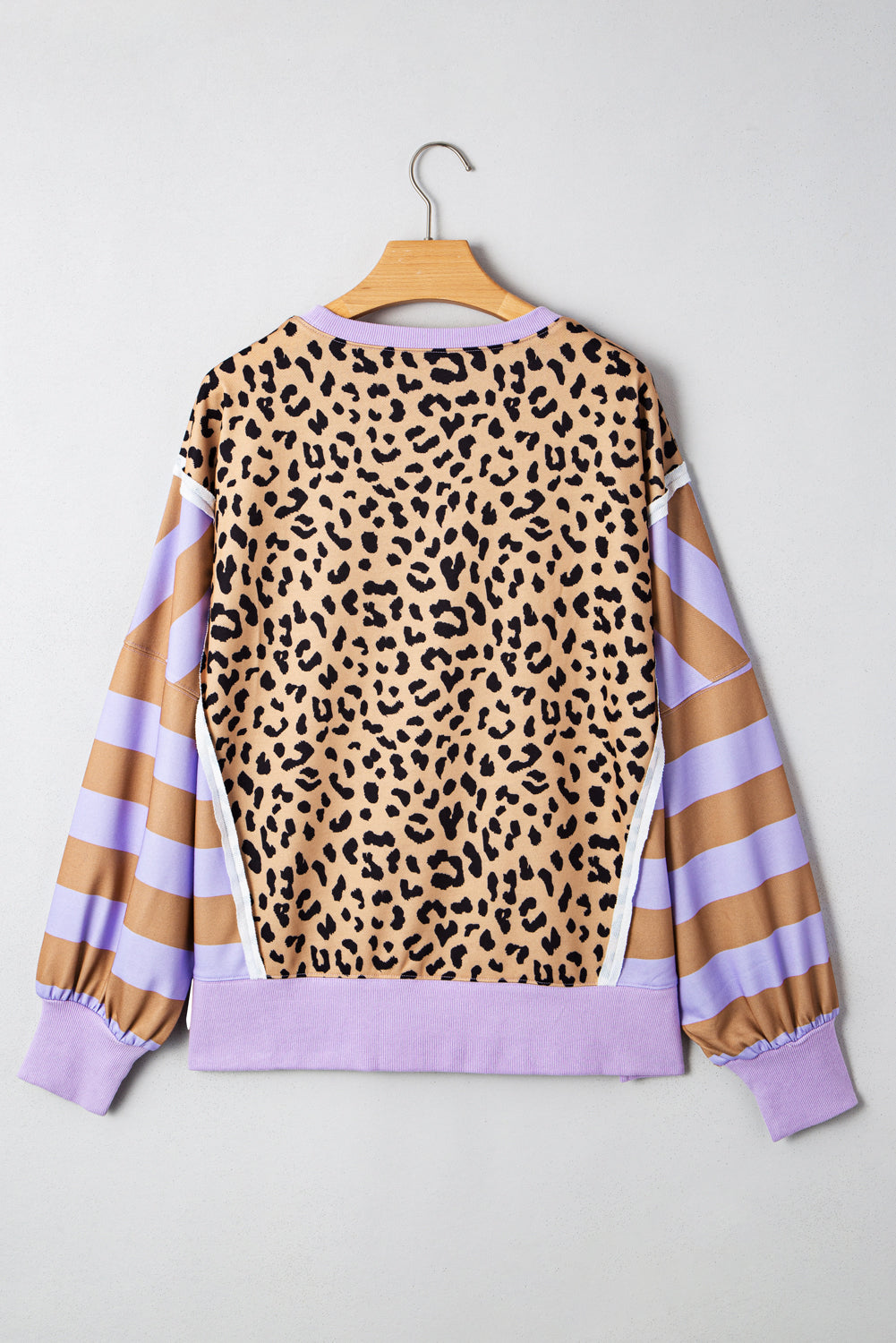 Khaki Leopard Striped Patchwork Plus Size Loose Sweatshirt