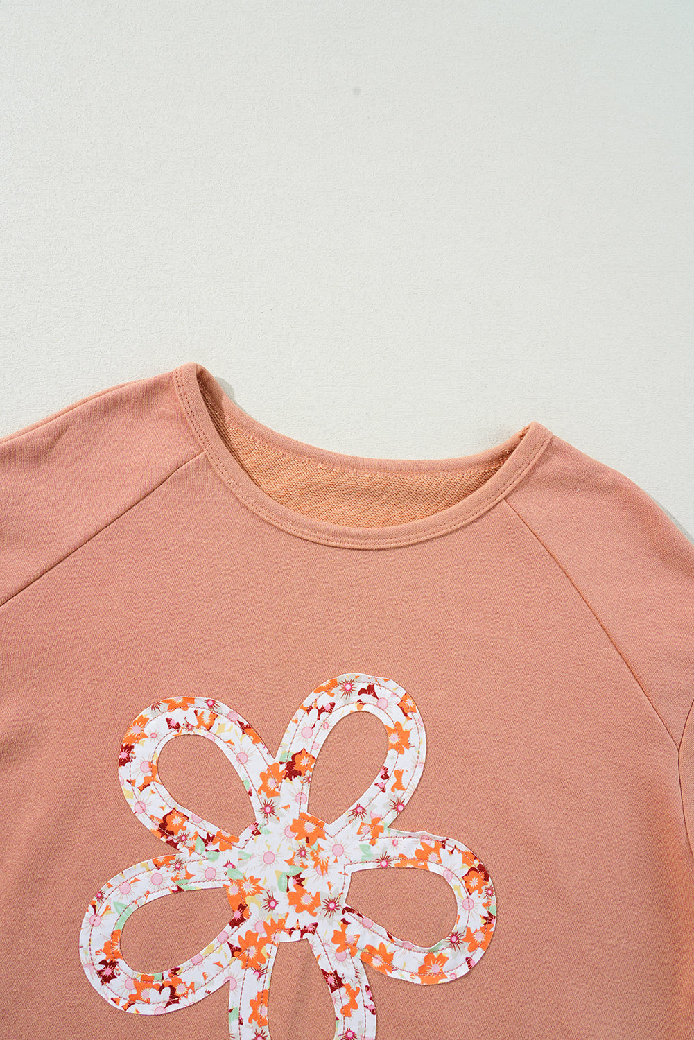 Beige Flower Patch Graphic Exposed Seam Wide Sleeve Top