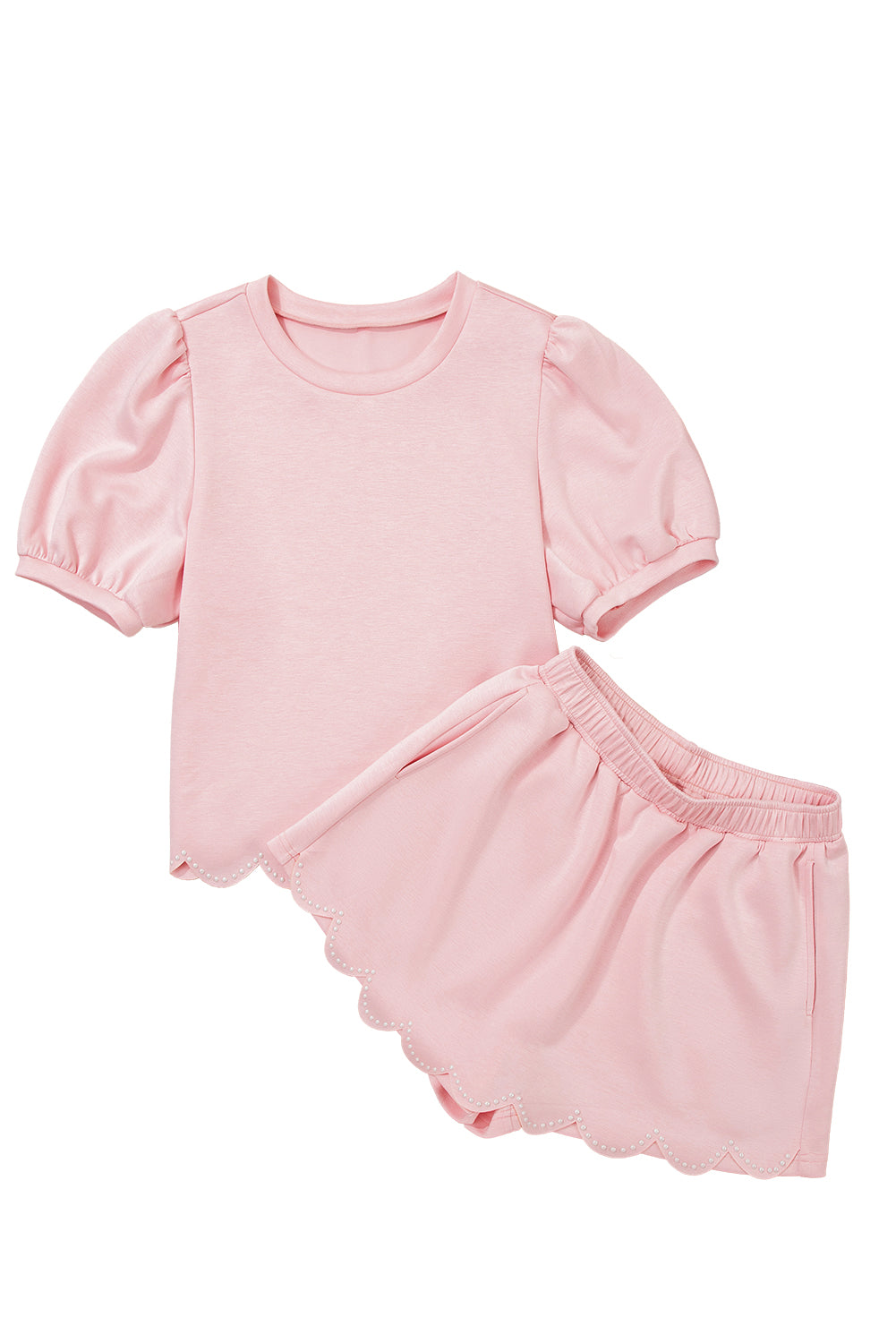 Light Pink Puff Sleeve Pearl Embellished Scallop Trim Top 2 Piece Skort Set