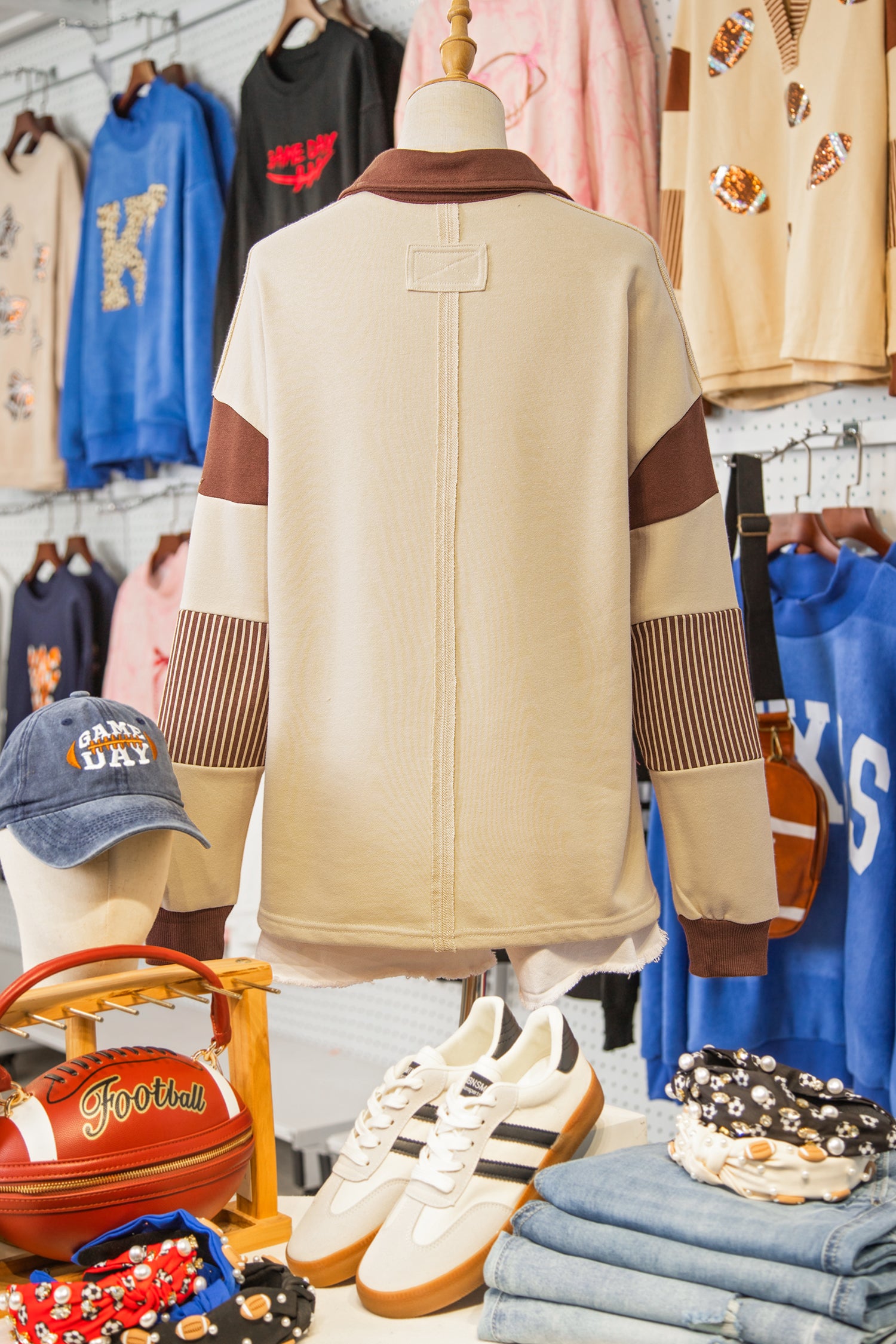 Light French Beige Color Block Striped Patchwork Sequin Rugby Graphic Polo Sweatshirt