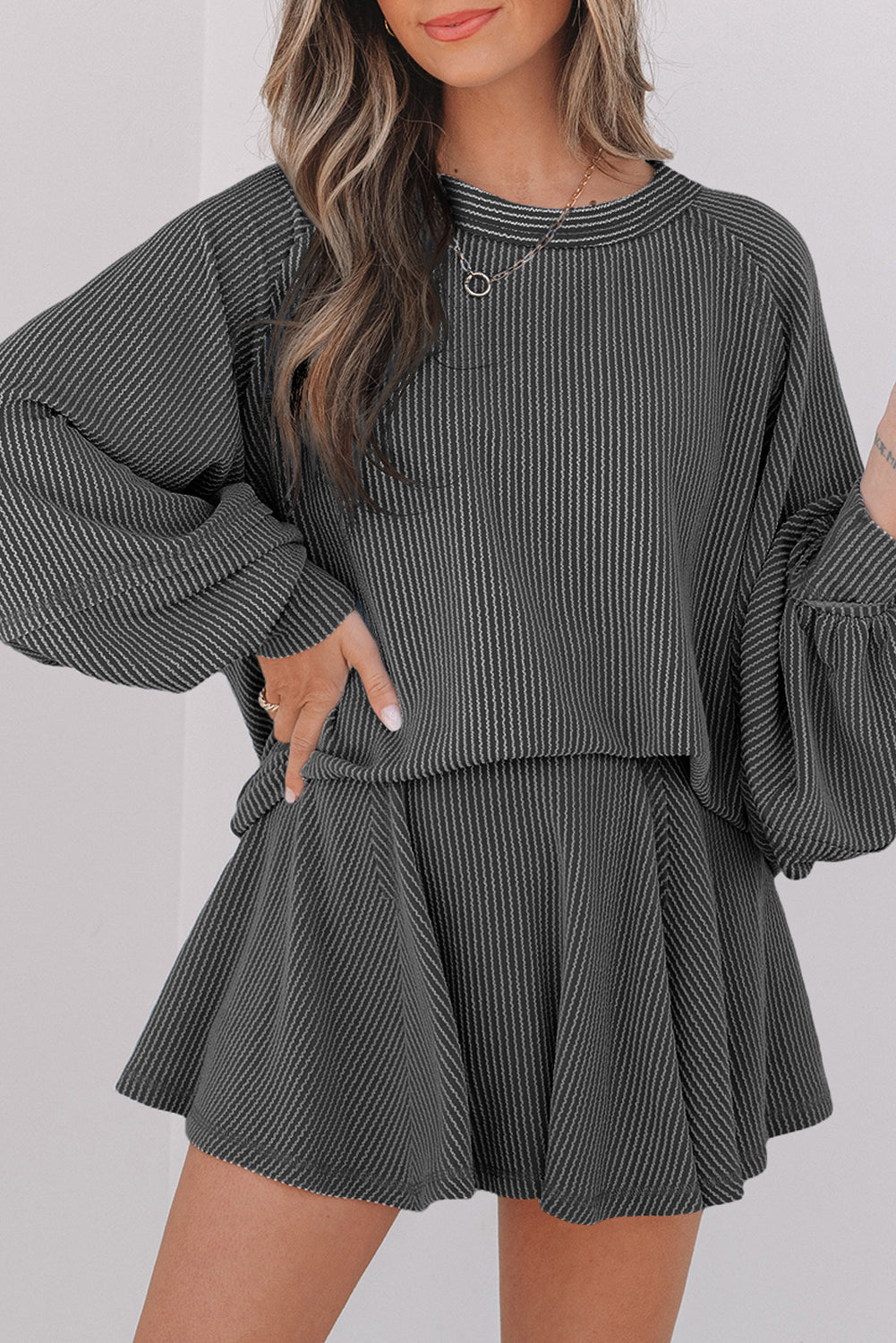 Jet Stream Corded Lantern Sleeve Top High Waist Ruffled Mini Skort Set