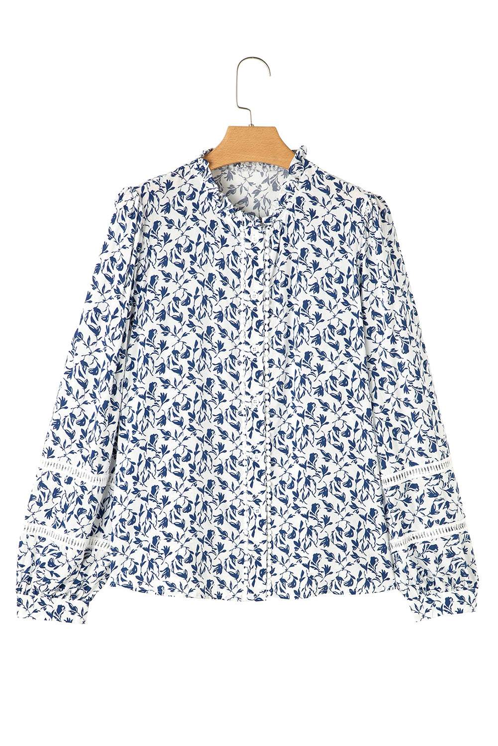 Green Printed Lace Detail Floral Puff Sleeve Fall Shirt