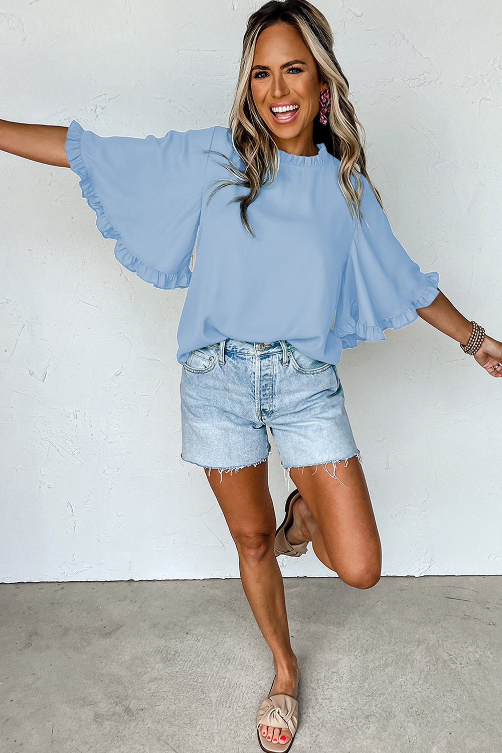 Green Frilly Round Neck Wide Half Sleeve Blouse