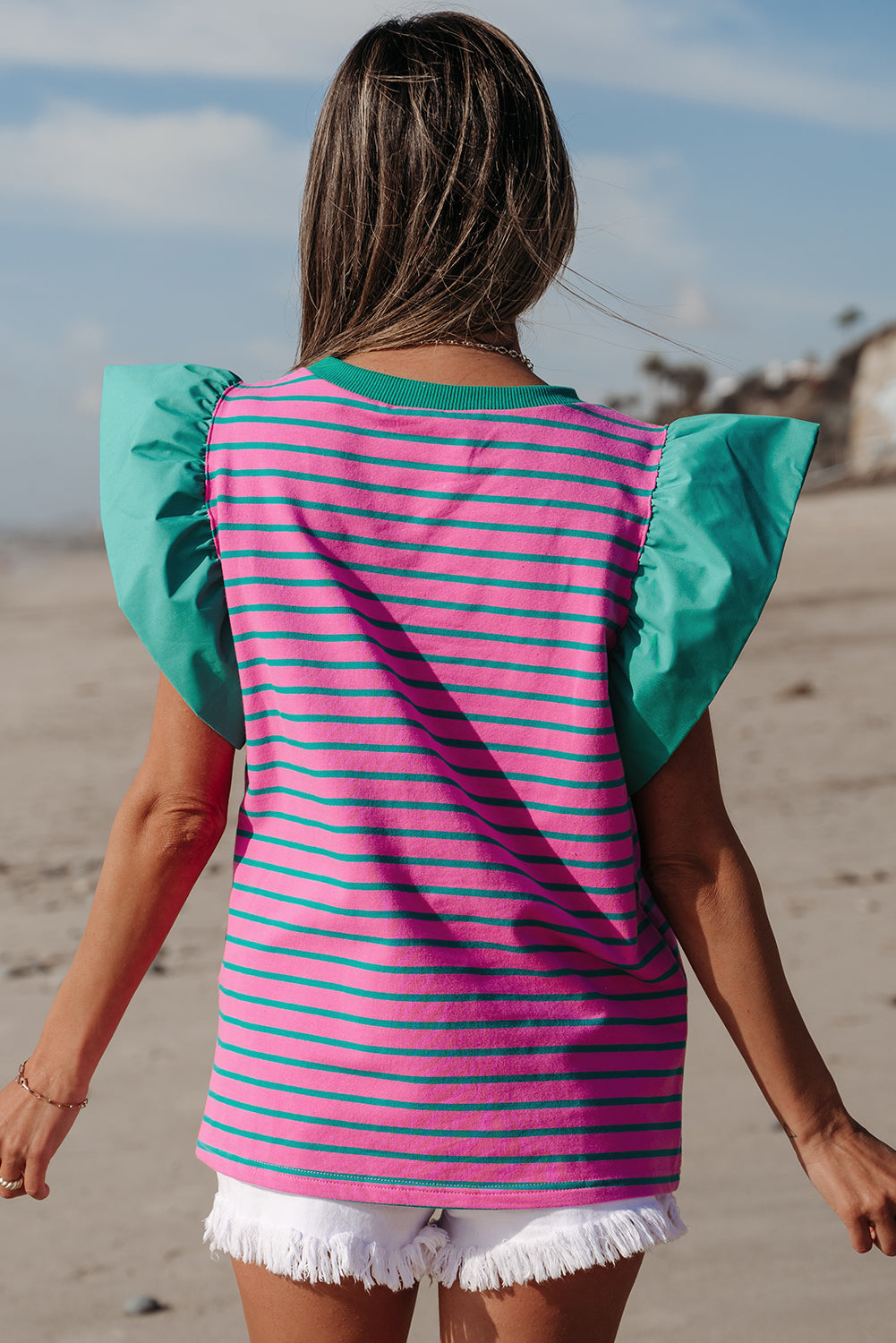 Pink Stripe Collared V Neck Puff Sleeve T Shirt Dress