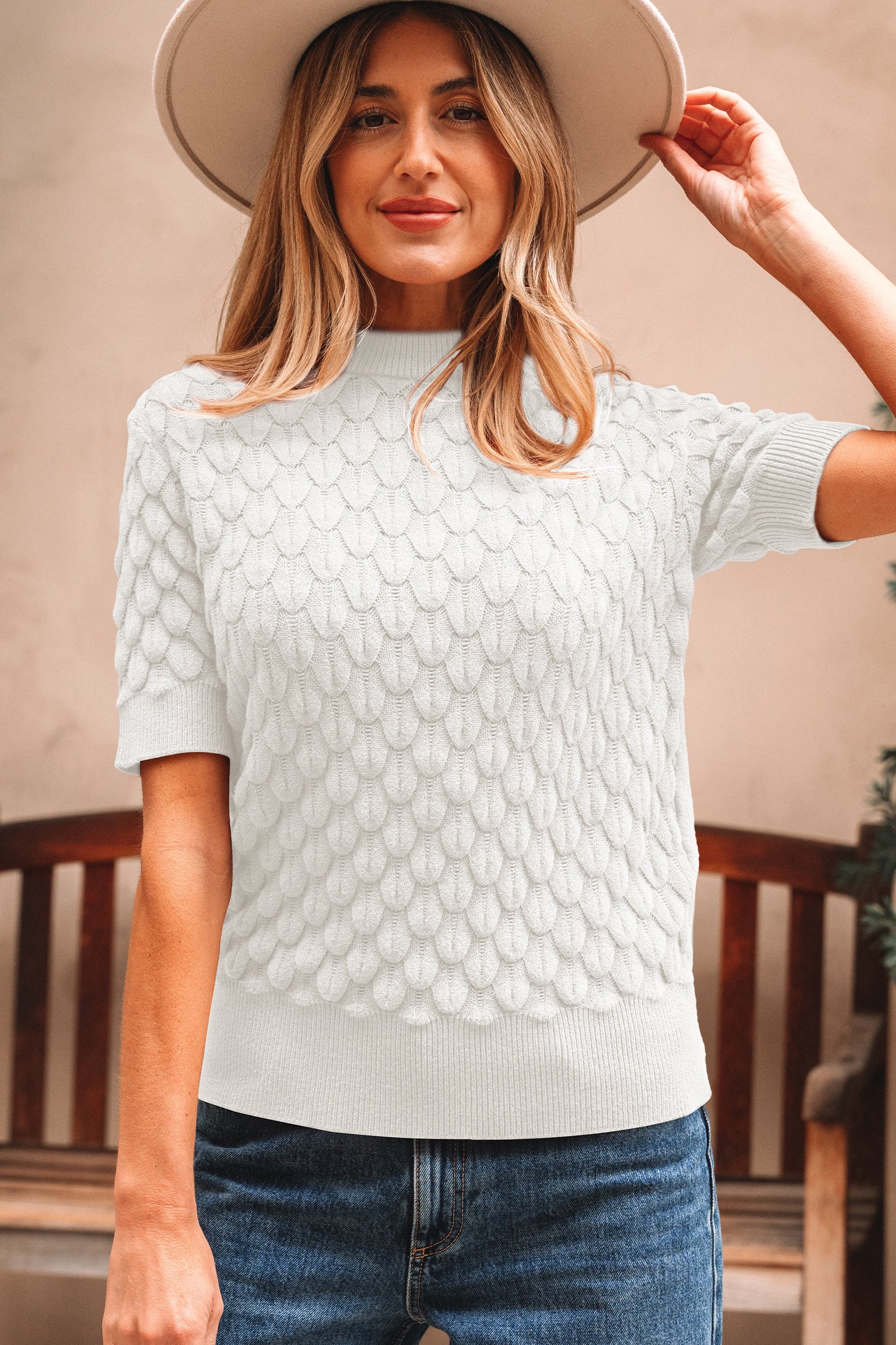 Straw Yellow Fish Scale Textured Knit Ribbed Crew Neck Short Sleeve Sweater