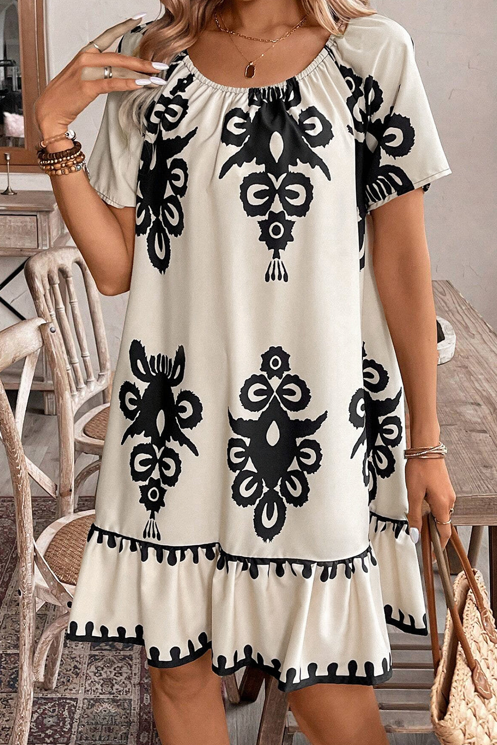 Beige Geometric Printed Sleeveless Hollowed Bowknot Back Mini Dress