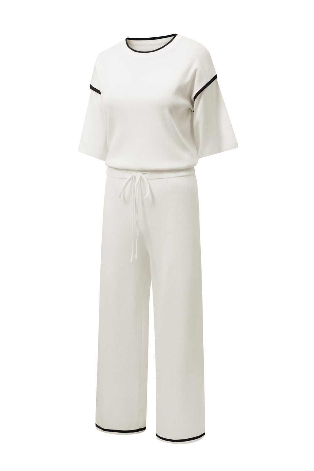 Blackish Green Contrast Trim Half Sleeve Top Drawstring Pants Loose 2pcs Sweater Suit