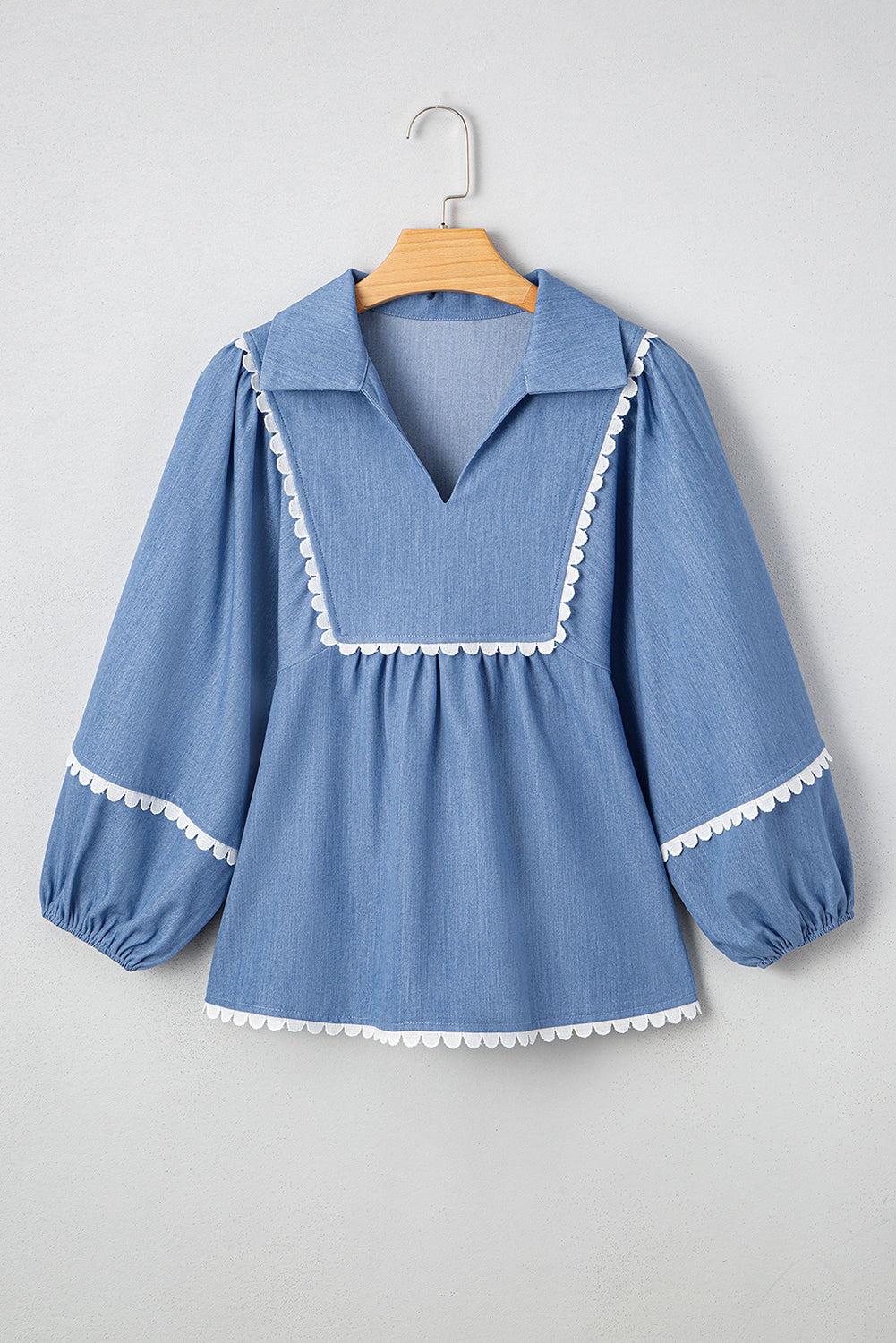 Dusk Blue Lace Ric Rac 3/4 Puff Sleeve Collared Babydoll Blouse