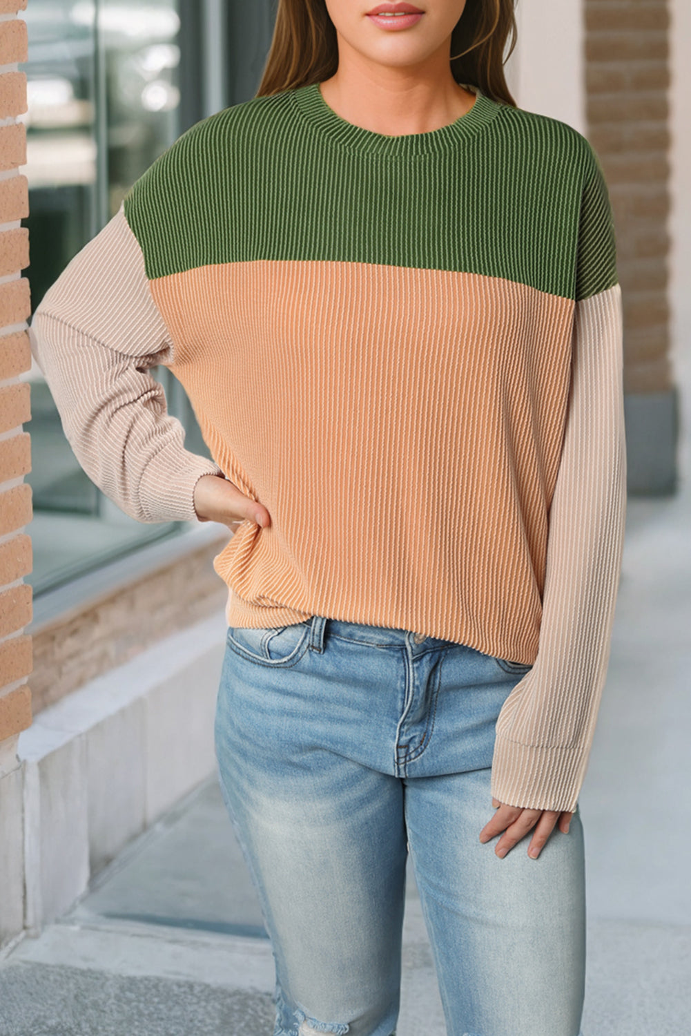 Pale Chestnut Color Block Corded Long Sleeve Top