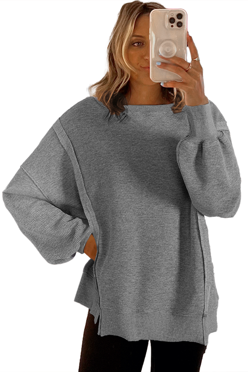 White Waffle knit Bishop Sleeve Split Oversized Top