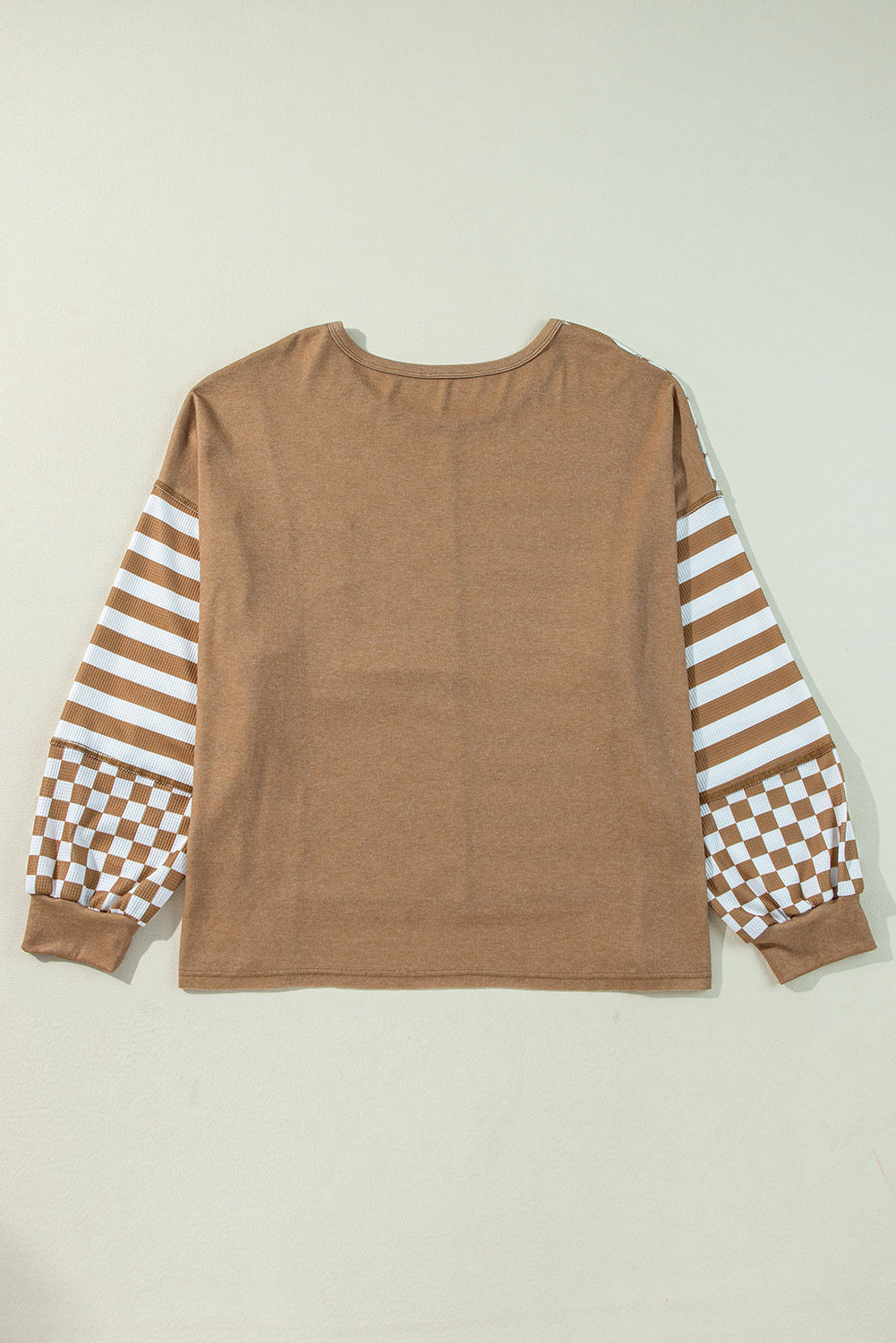 Khaki Checkerboard Striped Patchwork Lantern Sleeve Pocketed Blouse