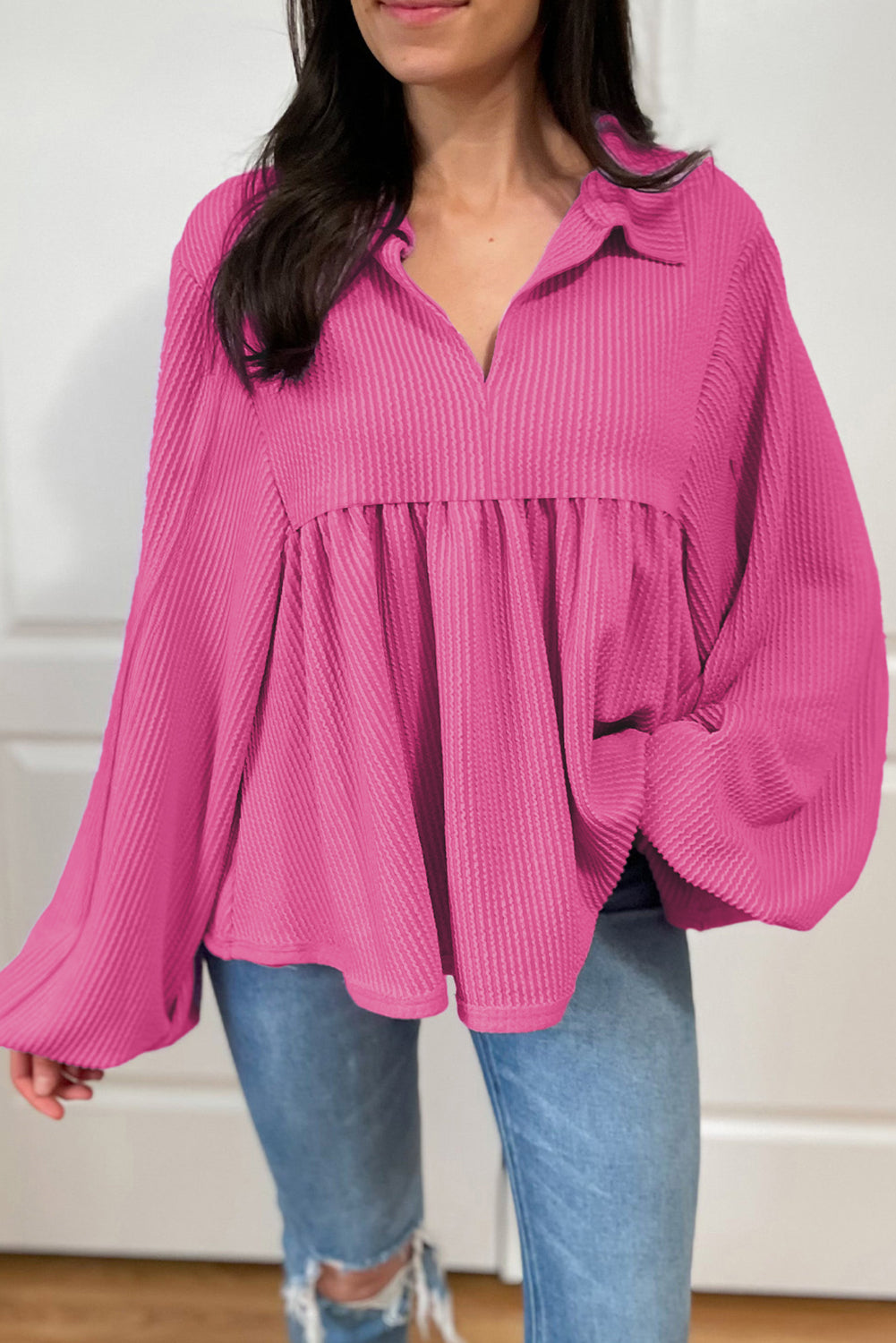 Turquoise Cordrd Balloon Sleeve Collar Plus Babydoll Top