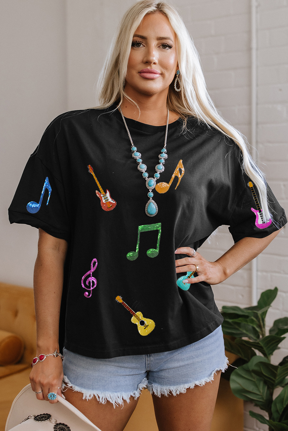 Black Guitar Music Notes Patched Graphic Oversize Tee