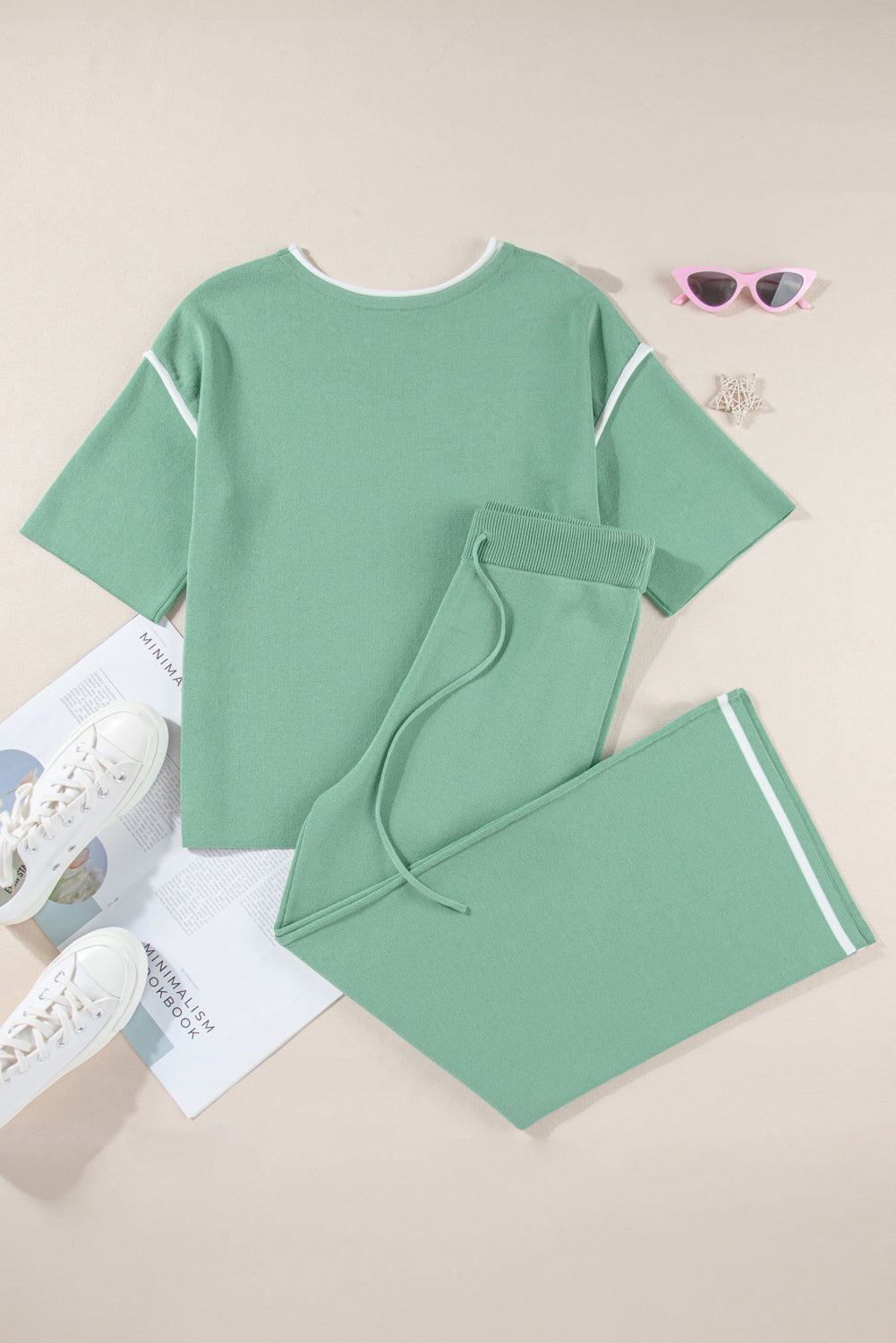 Blackish Green Contrast Trim Half Sleeve Top Drawstring Pants Loose 2pcs Sweater Suit