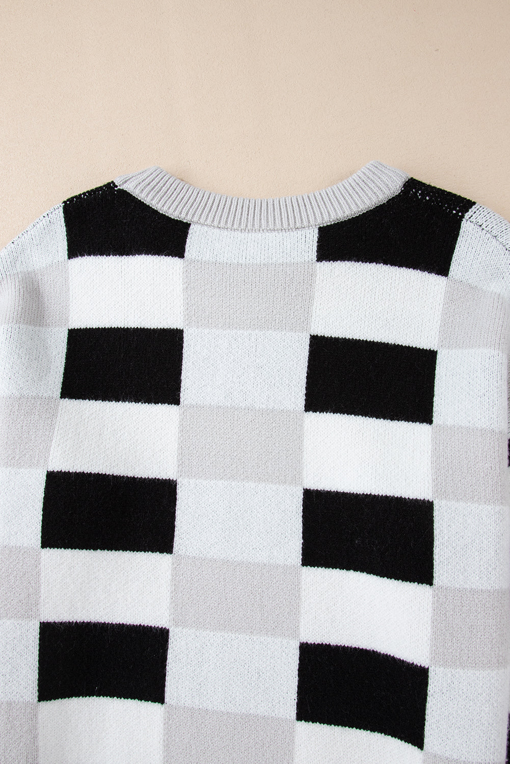 Khaki Checkered Ribbed Edge O Neck Drop Shoulder Sweater