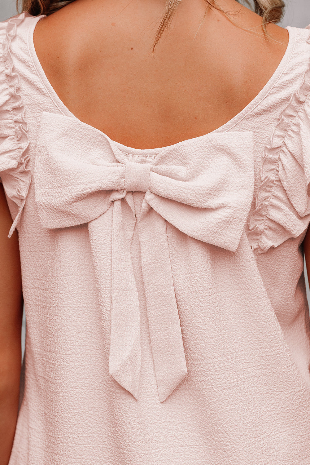 Beau Blue Textured Bow Knot Frilled Butterfly Sleeve Blouse