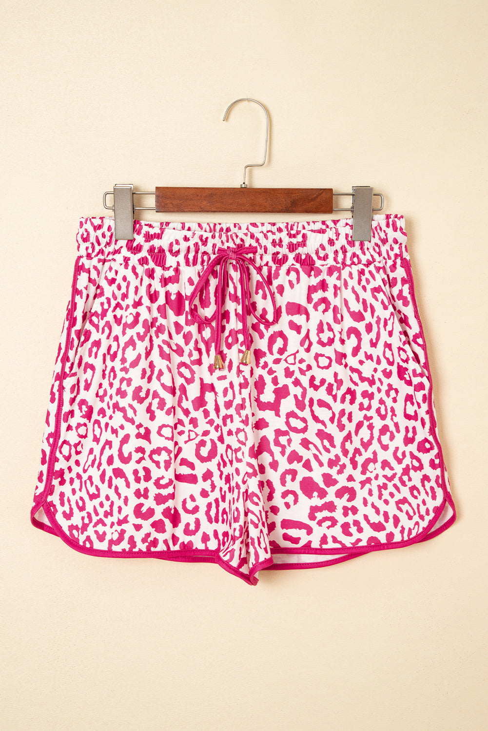 White Leopard Elastic Waistband Lace up Contrast Trim Casual Shorts