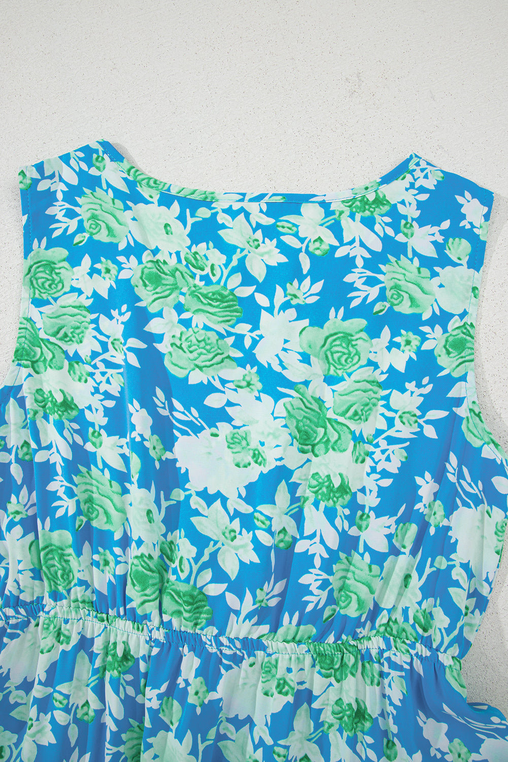 Green Floral Print Trimmed V Neck Tie Waist Sleeveless Holiday Long Dress