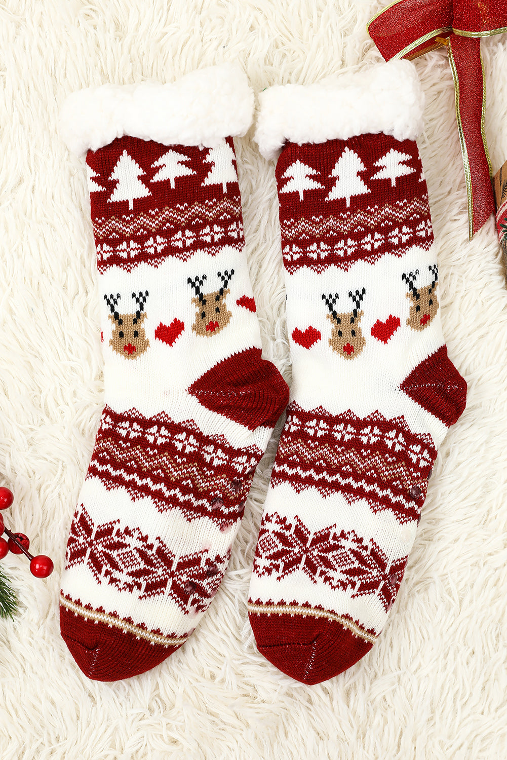 Fiery Red Christmas Cartoon Pattern Woolen Knit Socks