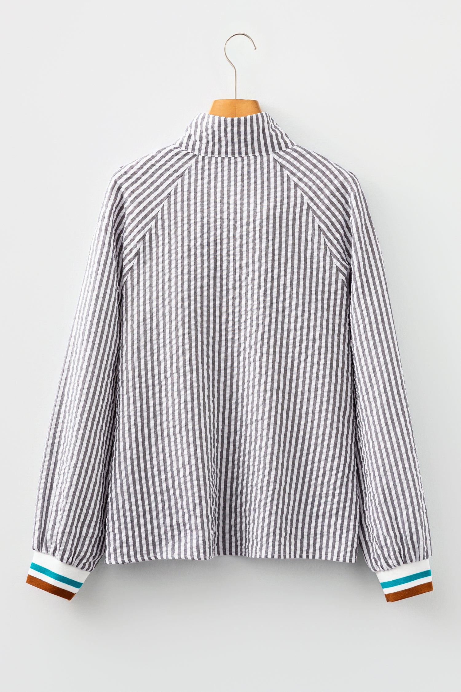 Dark Grey Striped Print Contrast Patchwork Detail Split Neck Blouse