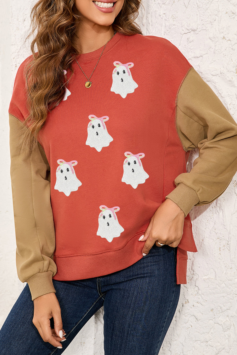 Gold Flame Glitter Ghost Patched Pattern Colorblock Sweatshirt