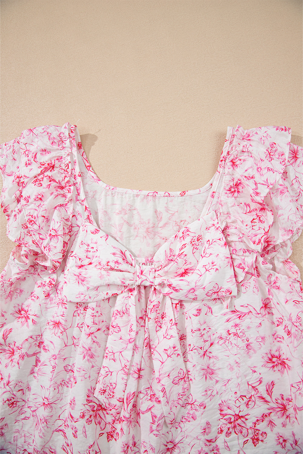 Beau Blue Textured Bow Knot Frilled Butterfly Sleeve Blouse