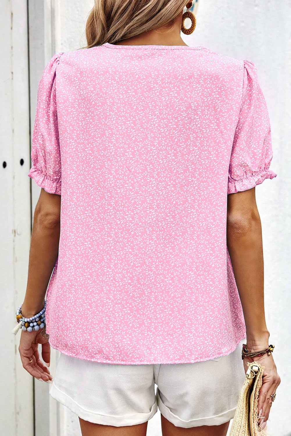 Sky Blue Floral Embroidered Puff Sleeve Notched V Neck Blouse