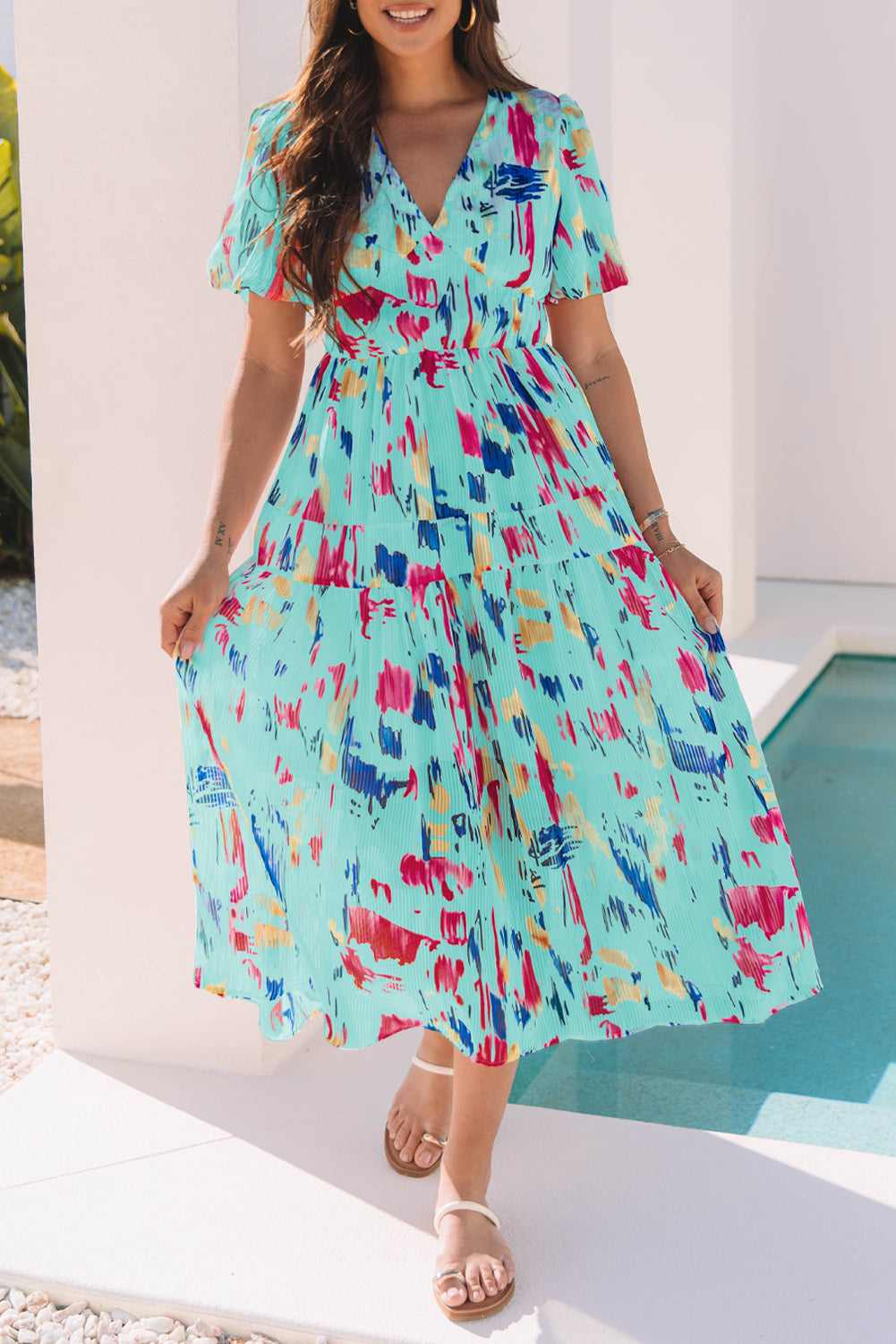 Rose Abstract Print Short Puff Sleeve Tiered Maxi Dress