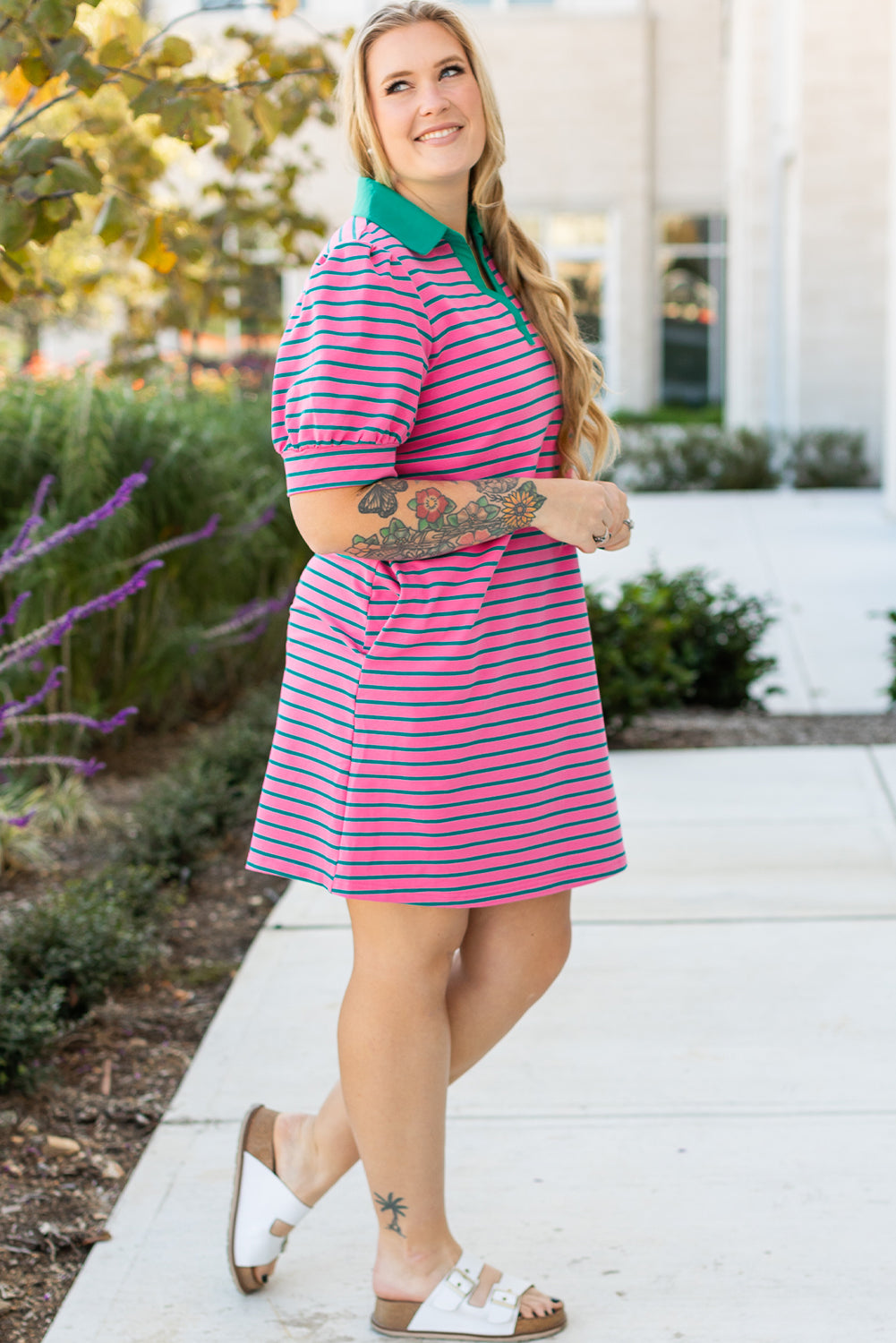 Pink Stripe Collared V Neck Puff Sleeve T Shirt Dress