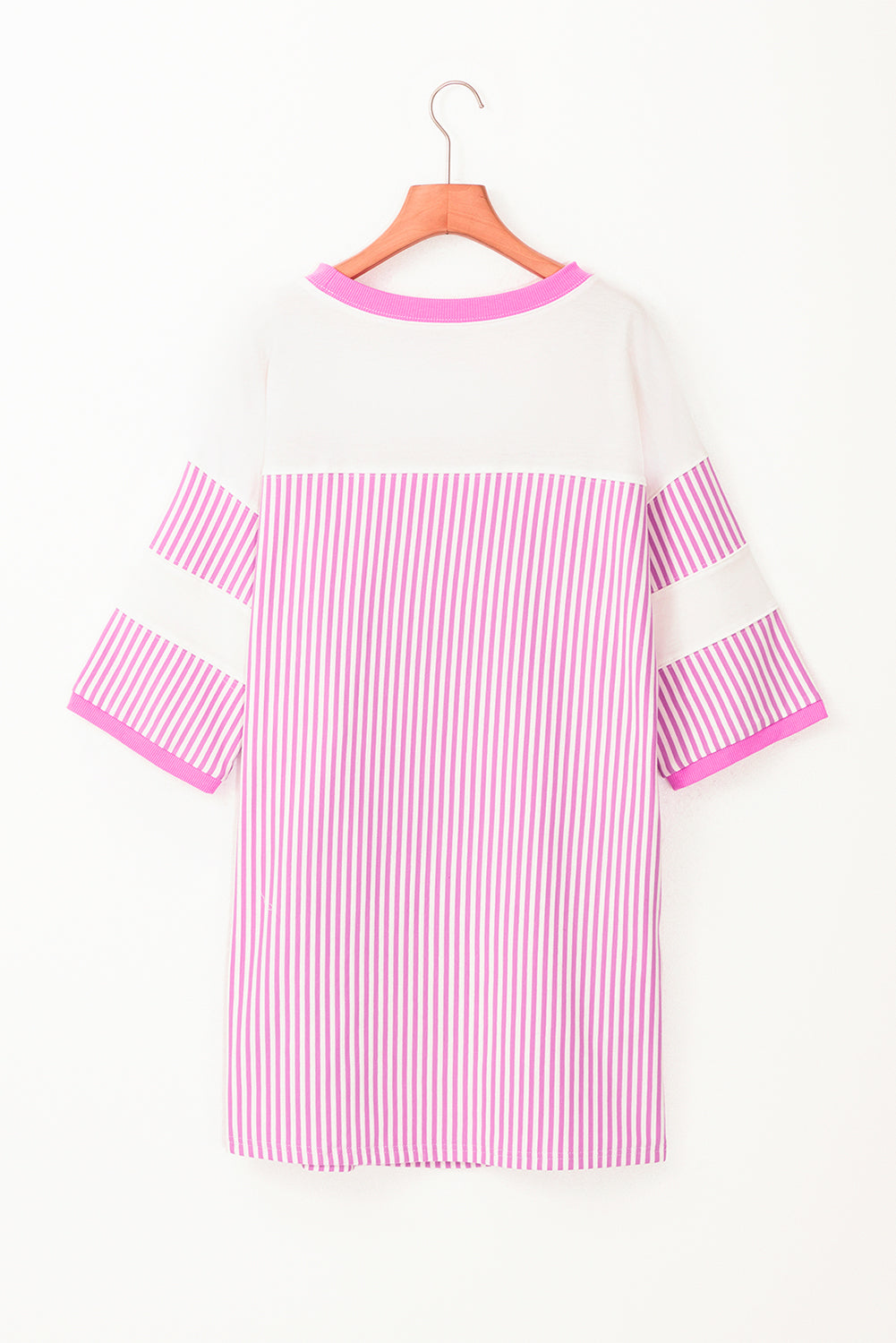 Pink Stripe Patchwork Bracelet Sleeve Plus Size T Shirt