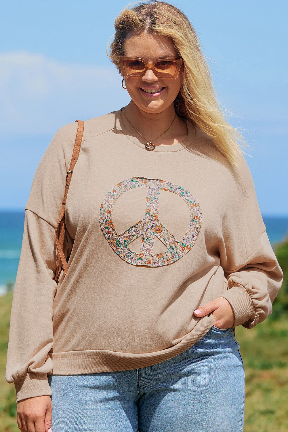 Beige Flower Patch Graphic Exposed Seam Wide Sleeve Top