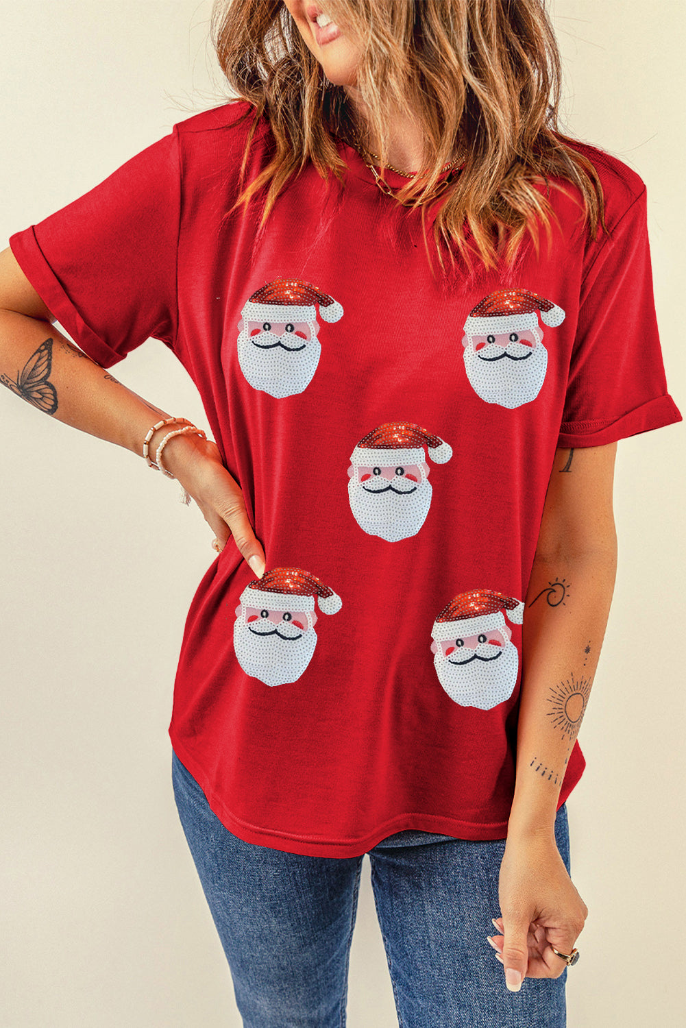 Black Faux Sequin Christmas Claus Pattern Crewneck T Shirt