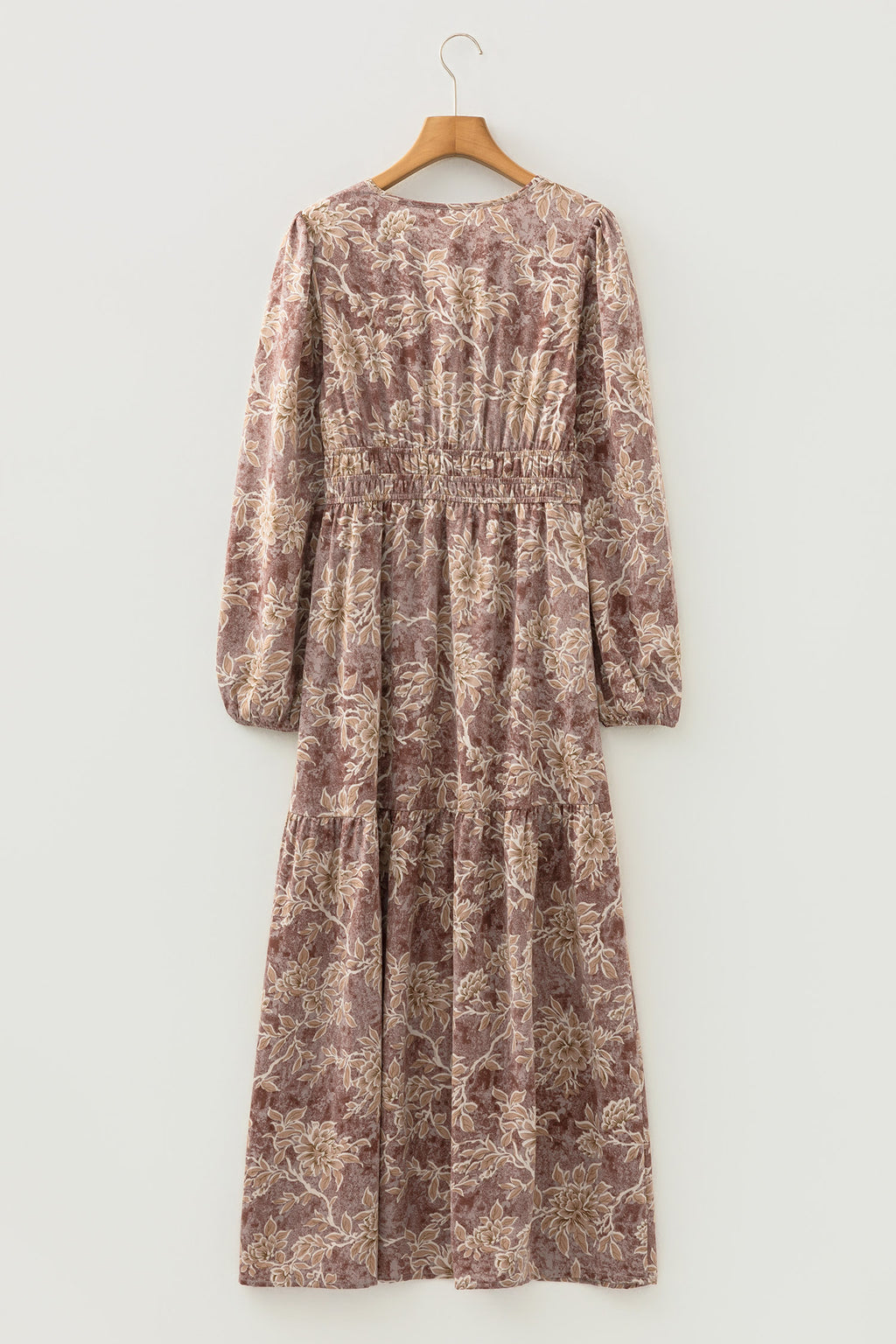 Sky Blue Floral Print Smocked High Waist Long Sleeve Maxi Dress