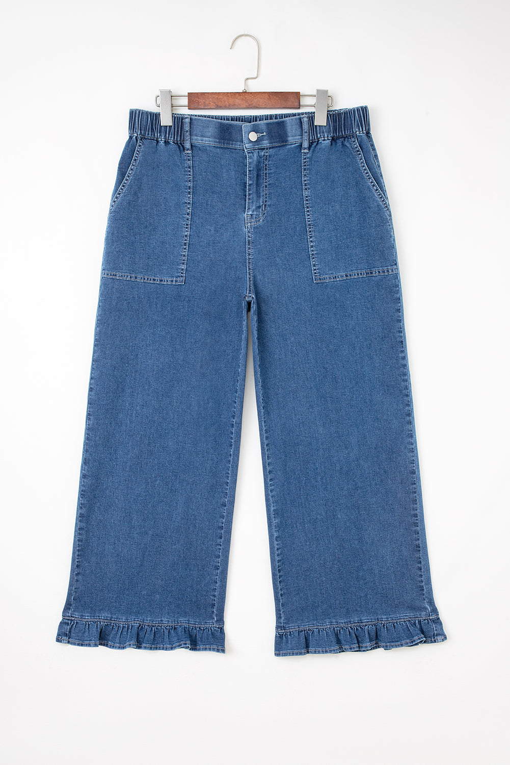 Black Plus Size Elastic Waist Ruffled Wide Leg Denim Pants