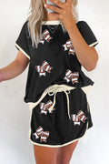 Black Sequin Rugby Football Bow Patched Colorblock Edge Tee and Skort Set