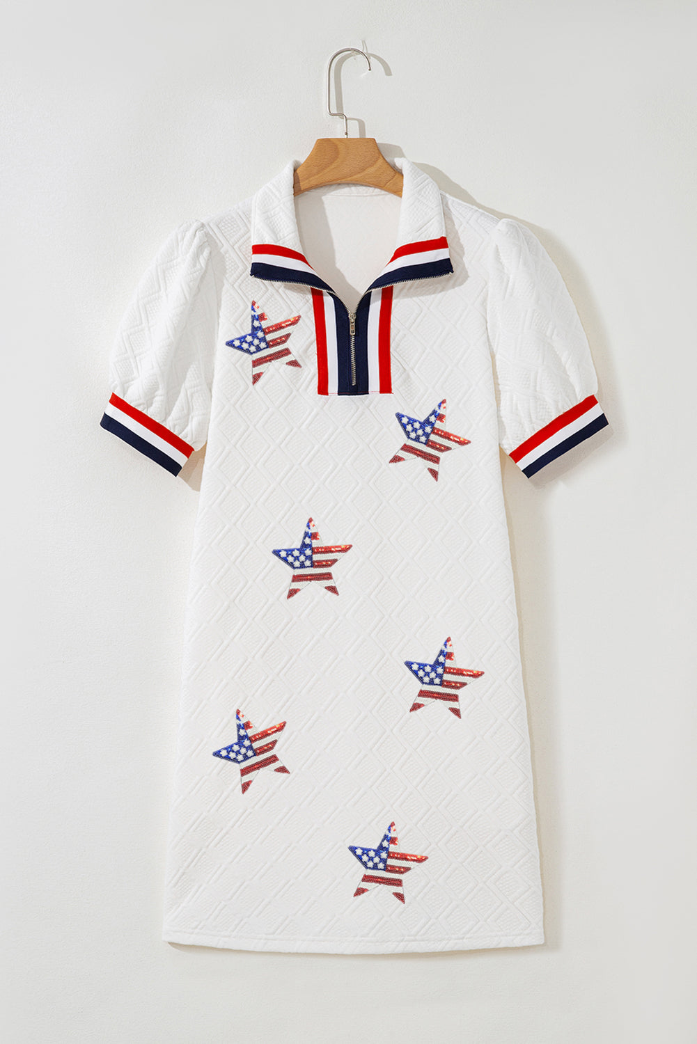 White Textured Jacquard Colorblock Edge Puff Sleeve Quarter Zip Mini Dress