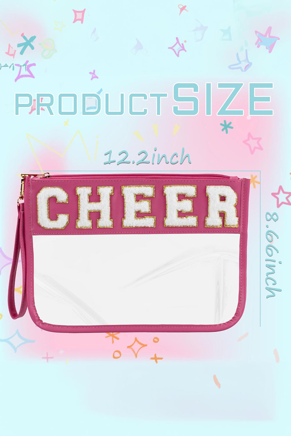 Fiery Red CHEER Chenille Letter PU Leather Patchwork Clear Makeup Bag