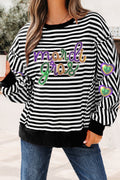 Black Stripe Raw Seam Detail Sequin Mardi Gras Heart Patched Graphic Long Sleeve Top