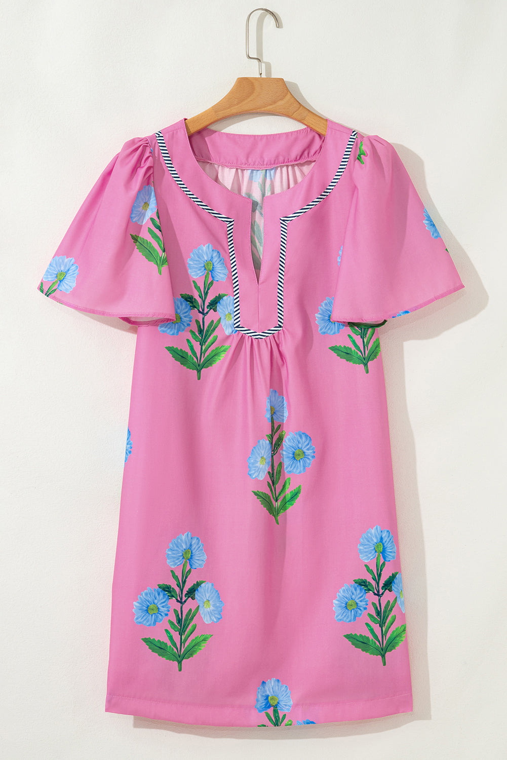 Apricot Floral Short Sleeve Split Neck Loose Mini Dress