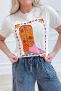 White Floral Cowgirl Boots Printed Casual T Shirt