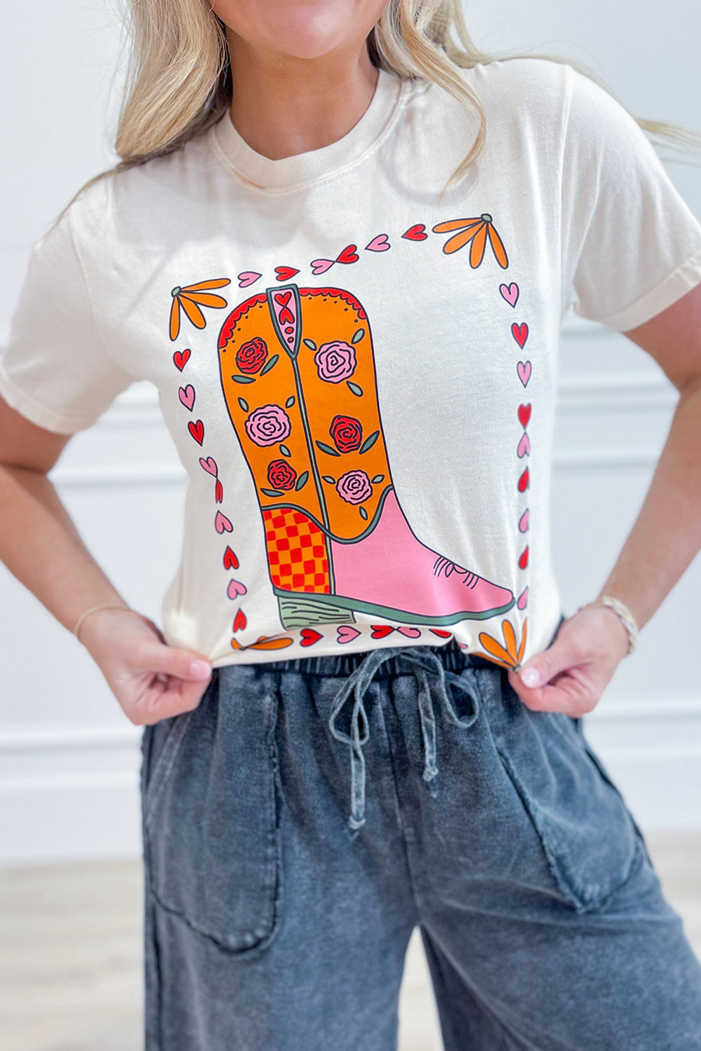 White Floral Cowgirl Boots Printed Casual T Shirt