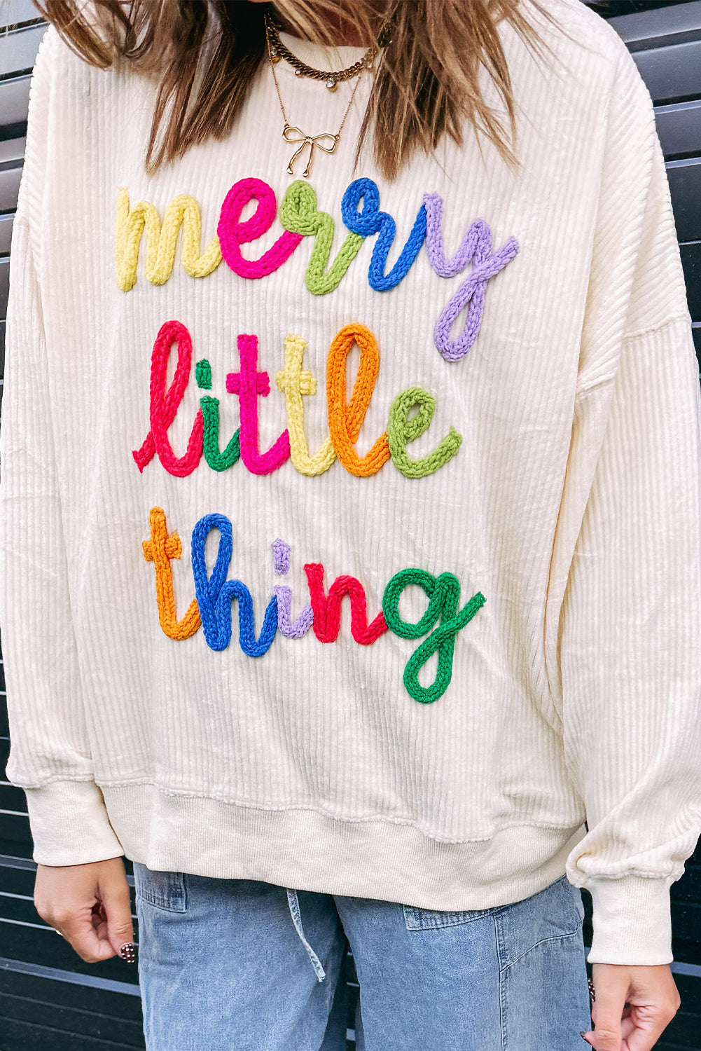 Dark Green merry little thing Corded Letter Graphic Ribbed Loose Sweatshirt