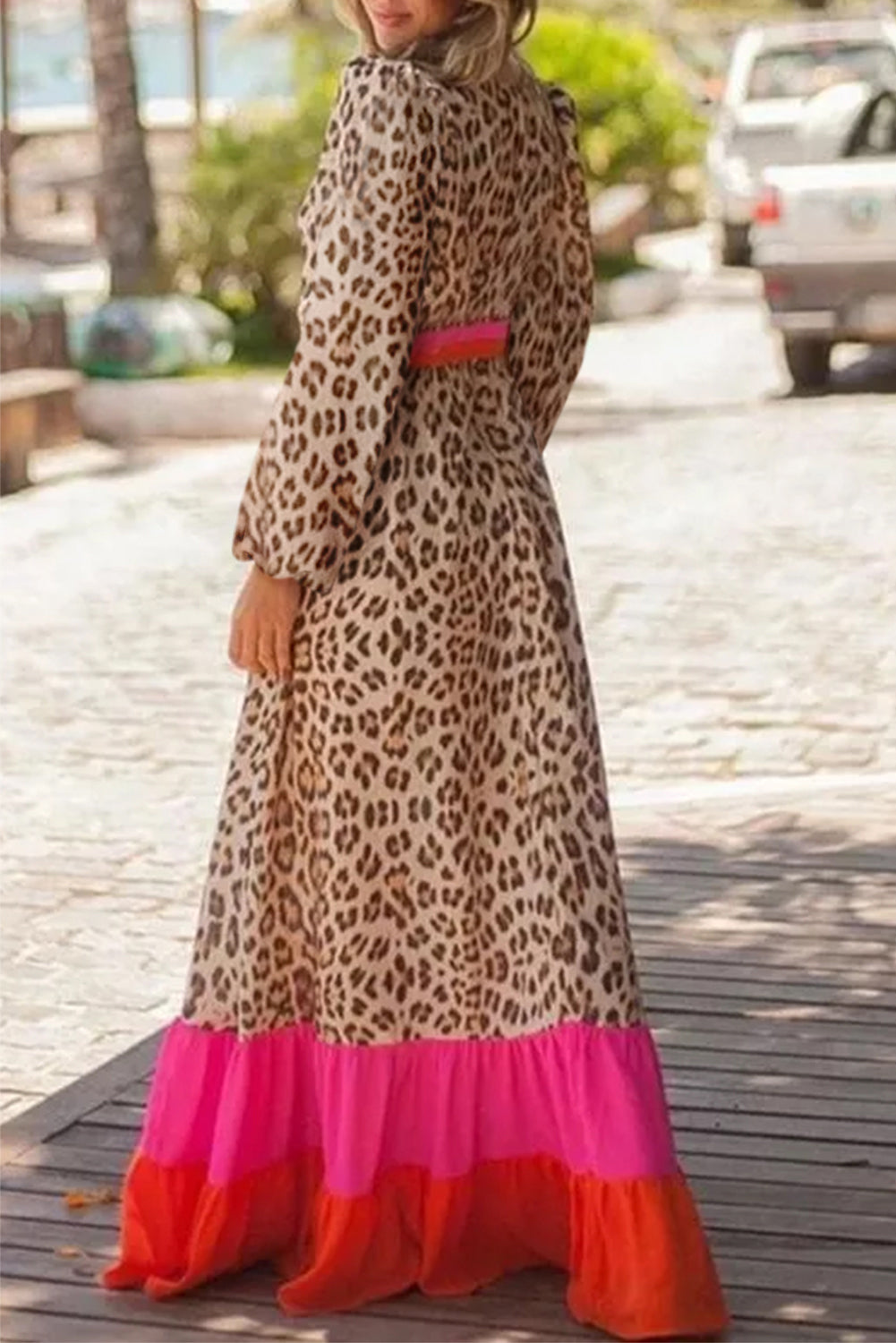 Khaki Cheetah Color Block V Neck Balloon Sleeve Babydoll Blouse
