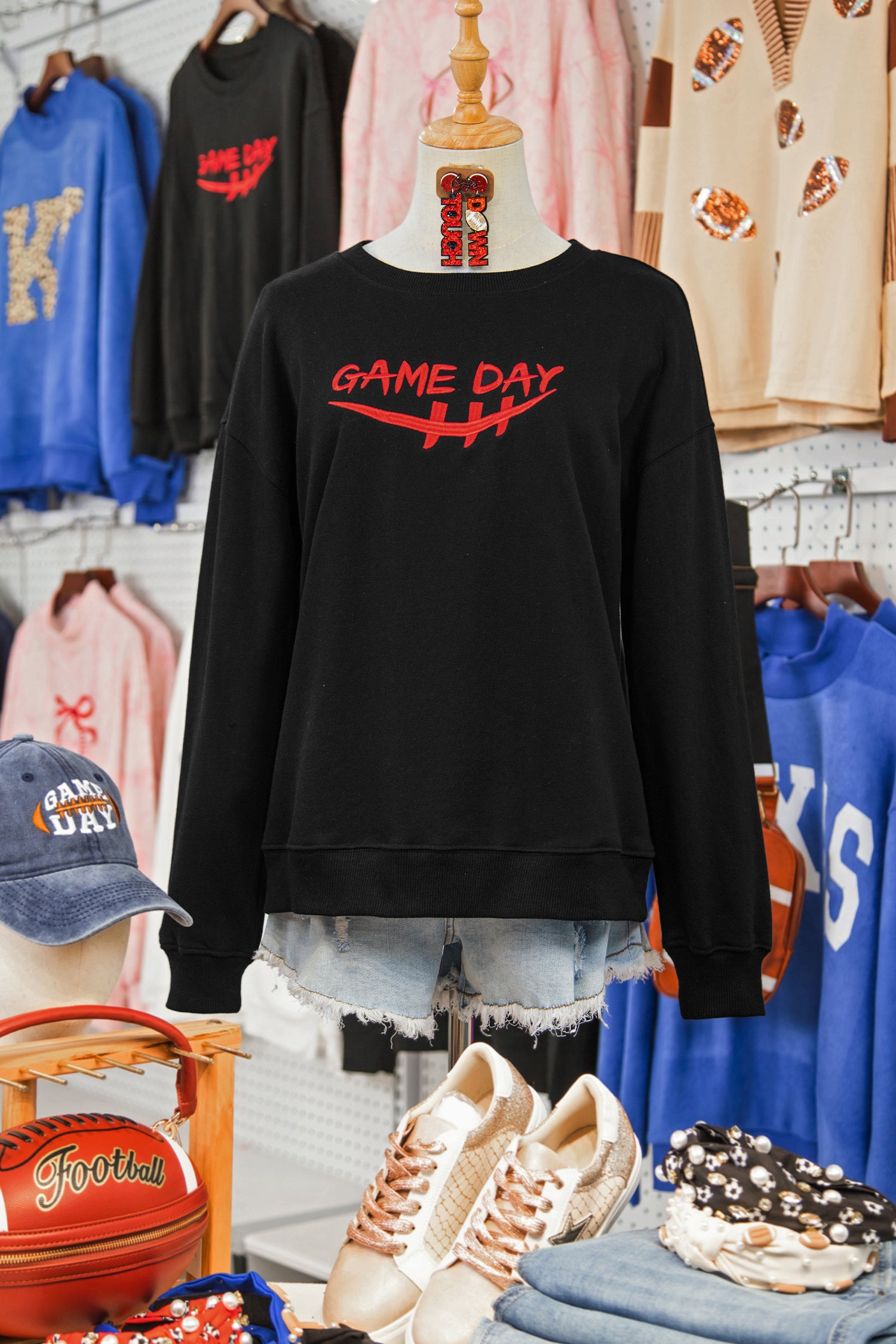 Black GAME DAY Embroidered Graphic Casual Pullover Sweatshirt
