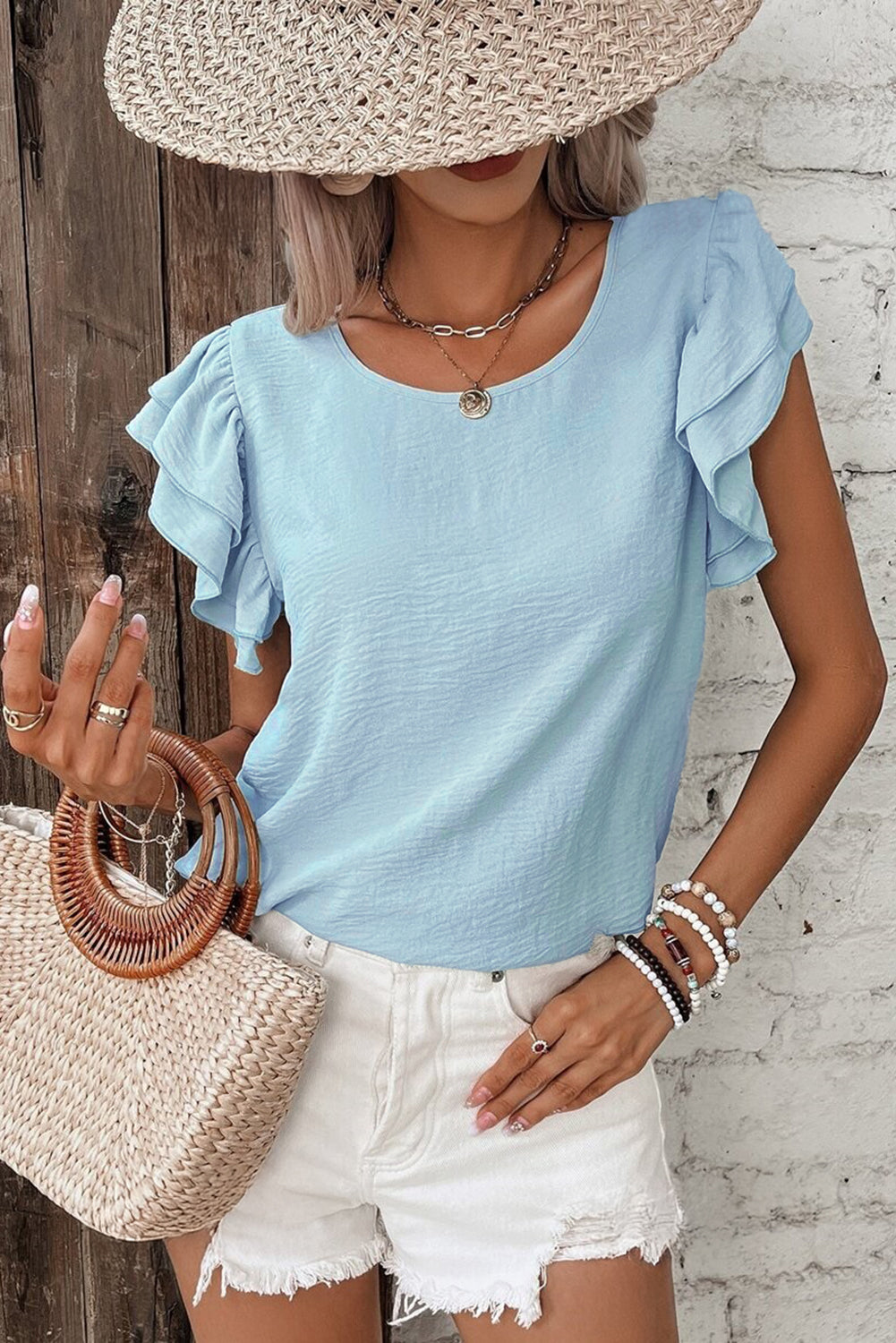 Clearly Aqua Solid Color Ruffled Short Sleeve Casual Blouse
