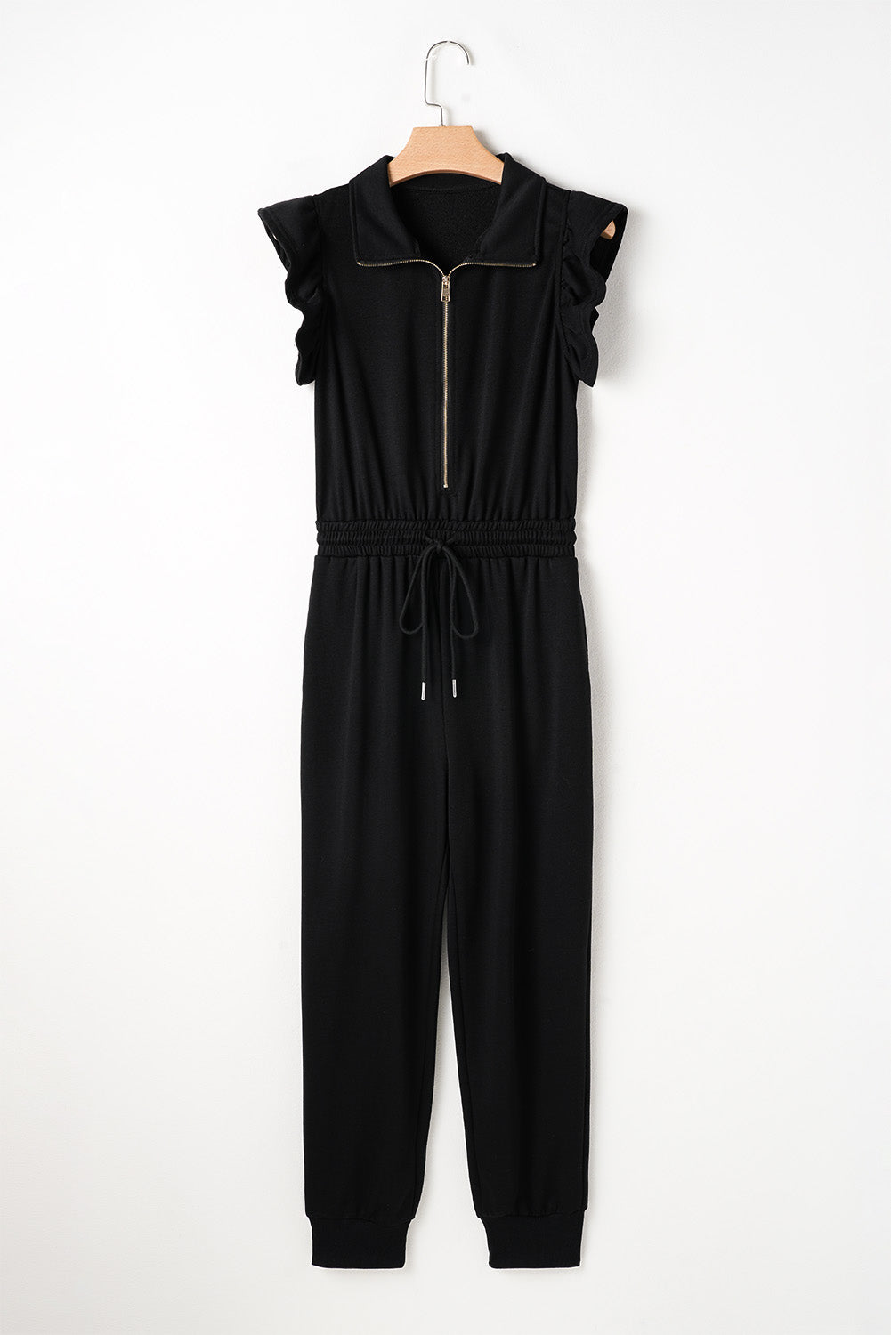 Black Zipper Flutter Sleeve Drawstring Elastic Waistband Jumpsuit
