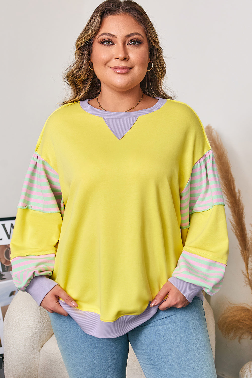 Jet Stream Striped Colorblock Patchwork Drop Shoulder Sweatshirt